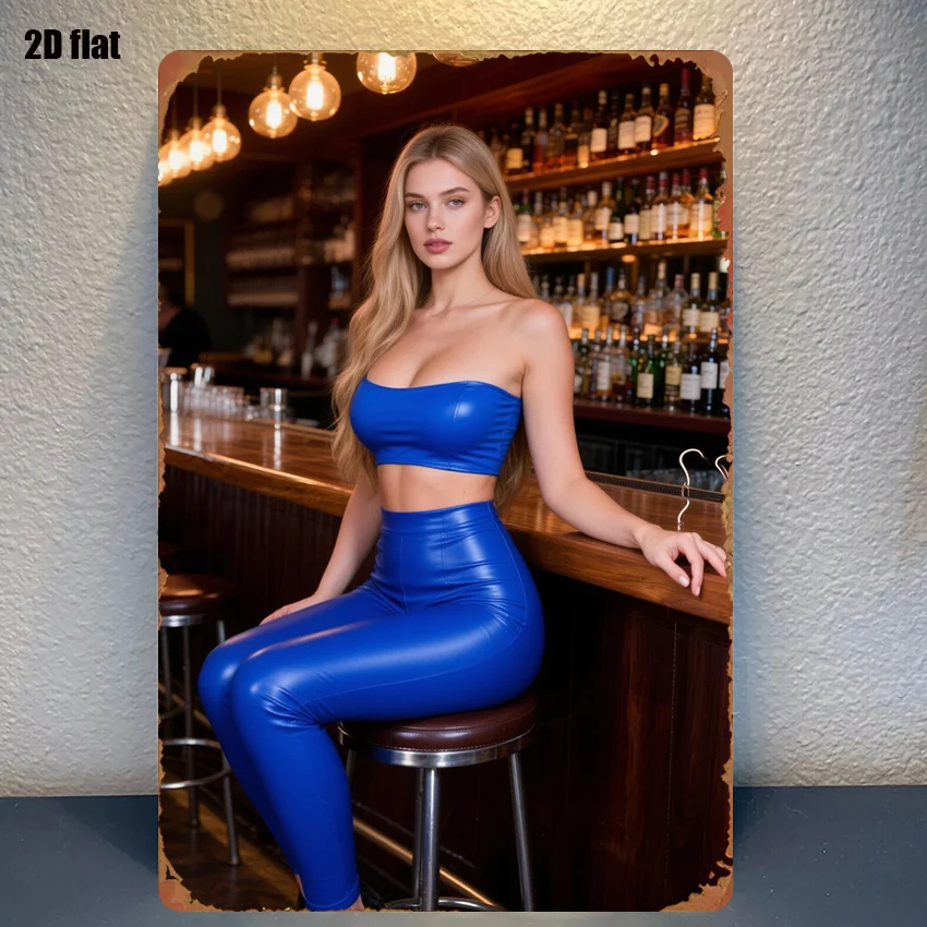 Vintage Metal Tin Sign, Blonde Woman In Blue Leather Tube Top And Pants Bar Counter Retro Metal Wall Plaque