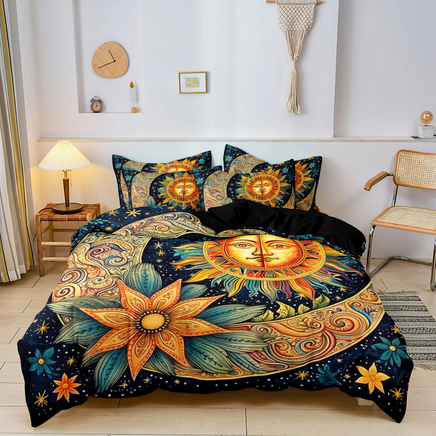 Vintage Sun Moon Floral Print Duvet Cover Set, 3Pcs Dark Blue Starry Sky Celestial Sun Face Crescent Moon Flower Pattern Bedding