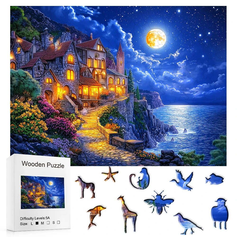 Moonlit Coastal Castle Wooden Jigsaw Puzzle with Unique Animal-Shaped Pieces, Challenging Puzzle for Adults, Ideal Gift & Home D