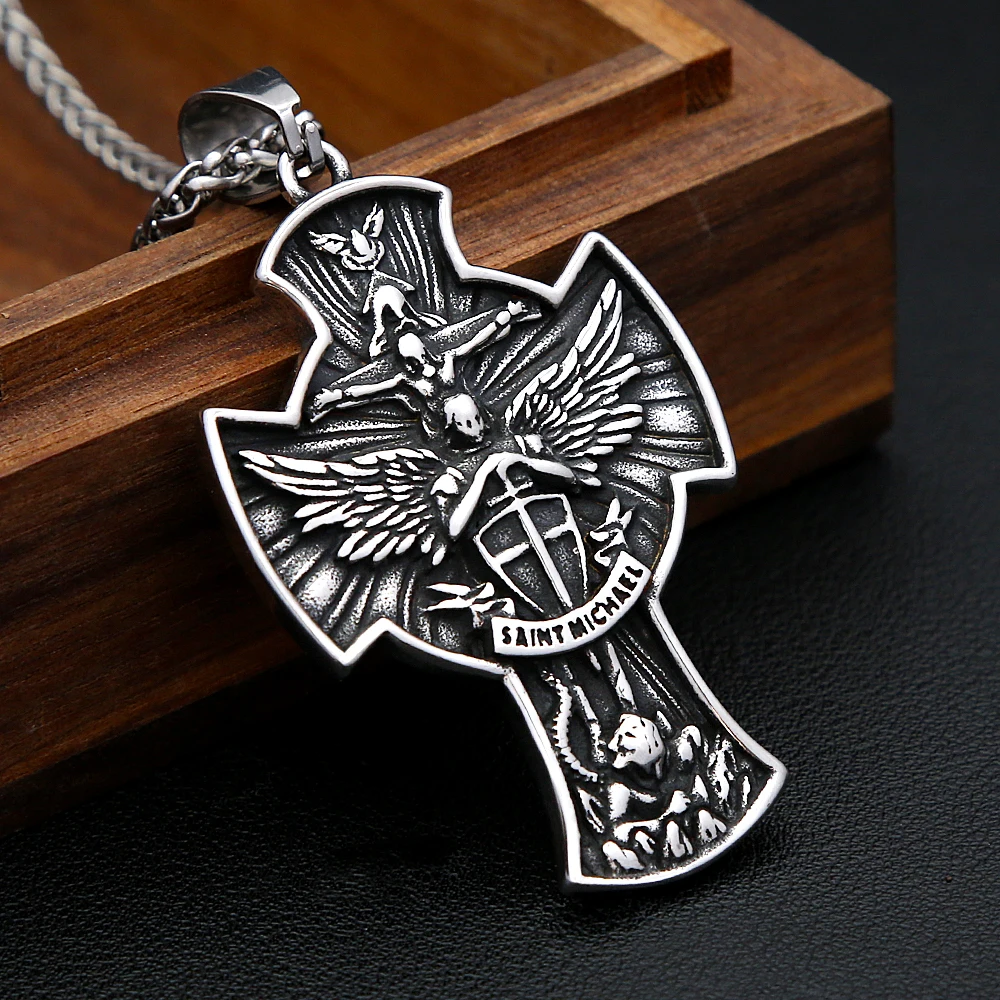 Fashion Vintage St Michael Necklace Stainless Steel Angel Cross Pendant For Men Punk Biker Amulet Jewelry Gifts Dropshipping