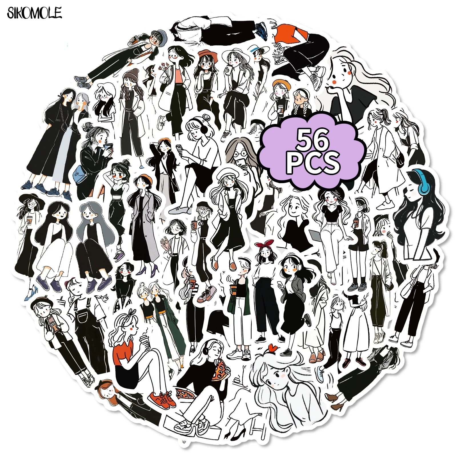 

10/56PCS Anime Black And White Girl Dress Up Graffiti Stickers Aesthetic DIY Scrapbook Stationary Suitcase Decal Sticker Kid Toy