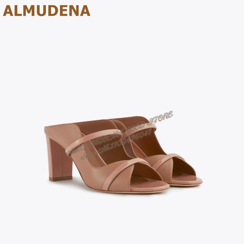 ALMUDENA الشمبانيا الذهب صندل بكعب مكتنز البغال حزام مزدوج المفتوحة تو كتلة الكعوب الصنادل الانزلاق على فستان أنيق الأحذية