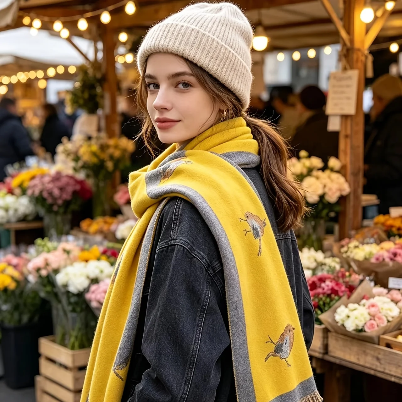 1 Piece of New Autumn and Winter Women's Thickened Warm Scarf with Bird Pattern, High-End Jacquard, Casual Tassel Scarf, Fashionable Head Wrap, Versatile Accessory for Going Out