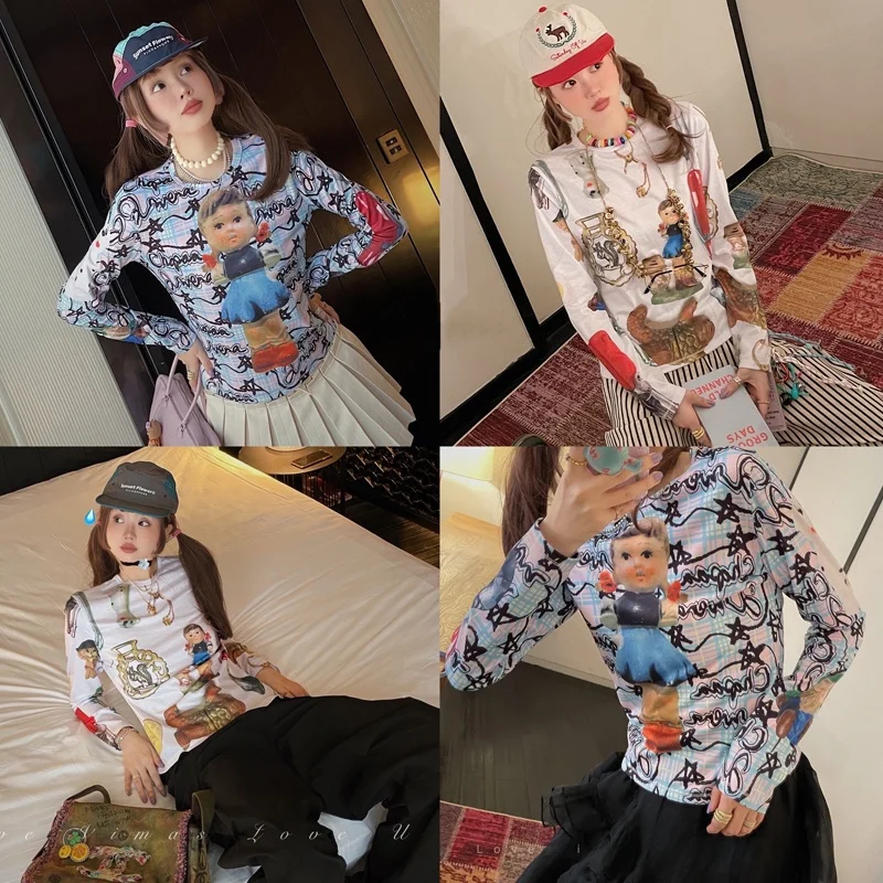 

Милая футболка с принтом в стиле антикварных игрушек, с защитой от солнца, VIMAS Private Label, стандартный крой, длинный круглый вырез, летняя модная женская одежда