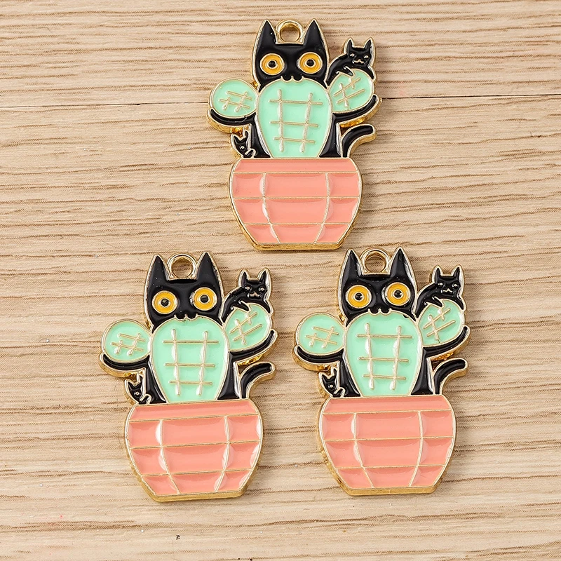 10pcs Mix Cartoon Animal Cat Charms Enamel Plant Cactus Charms Pendants for Jewelry Making Earrings Necklaces DIY Craft Supplies