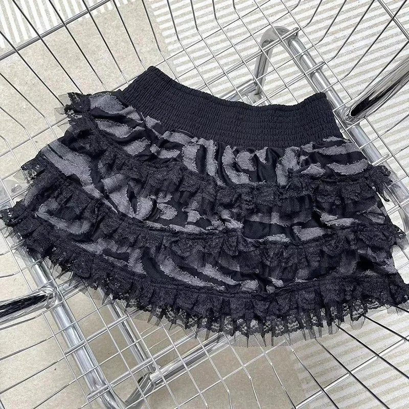 

2025 Women Irregular Tiered Ruffle Mini Black Skirt Stitch Black Lace Trim Elastic Waist Puffy Cake Skirt Goth Dark Punk Clothes