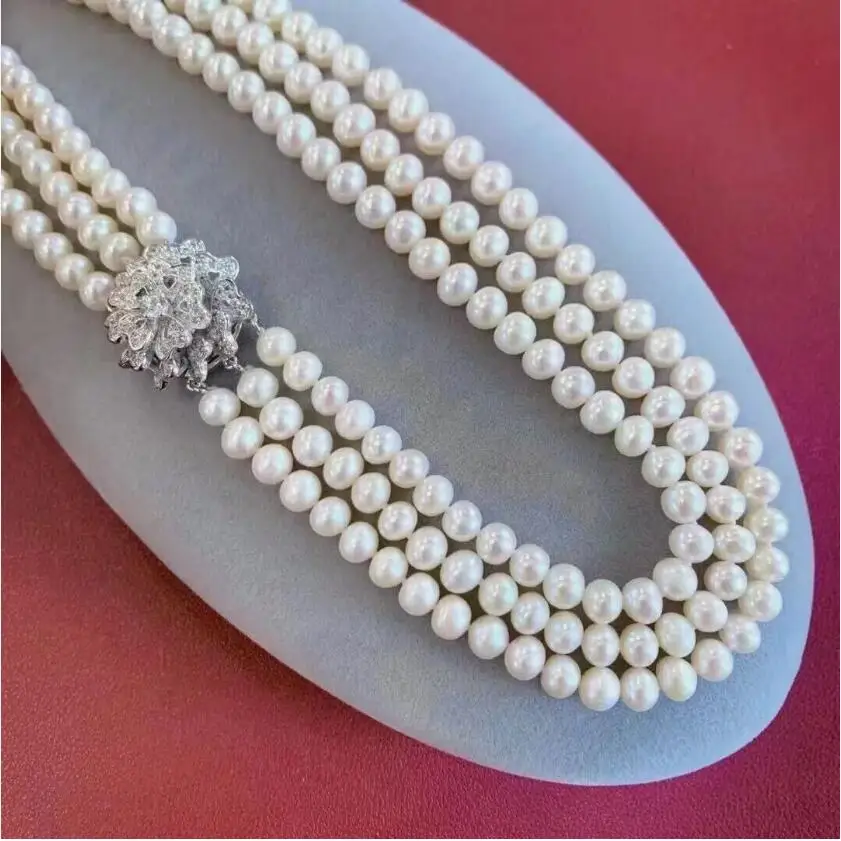 gorgeous triple strands 8-9mm south sea round white pearl necklace 17-18
