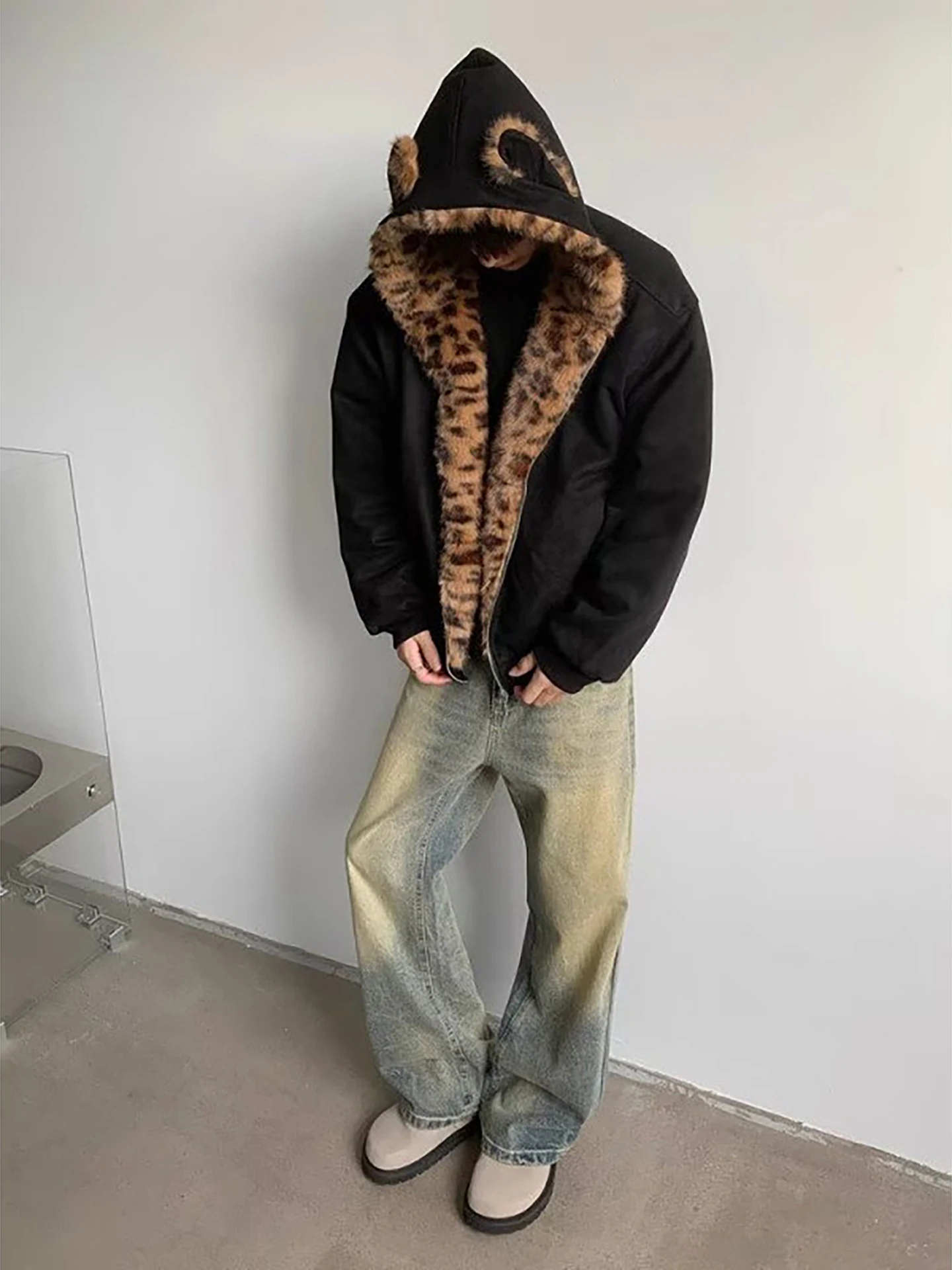 Personality Leopard Print Hooded Parkas Men 2025 Winter New Parkas Coats Fashion Warm Loose Comfort Long Sleeve Hoodies Jackets