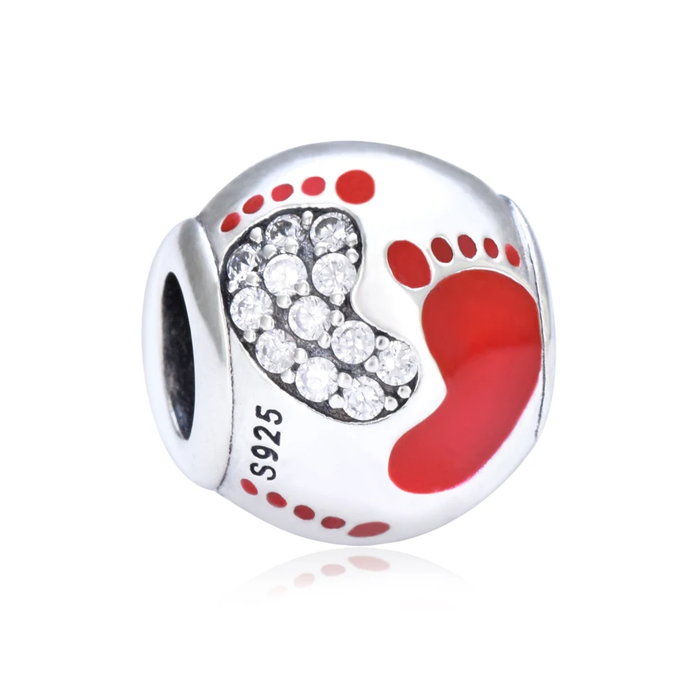 PANQDIY 925 Sterling Silver Red Enamel Lovely Baby Footprint Bead Charm Fit Original Bracelet Necklace DIY Newborn Jewelry Gift