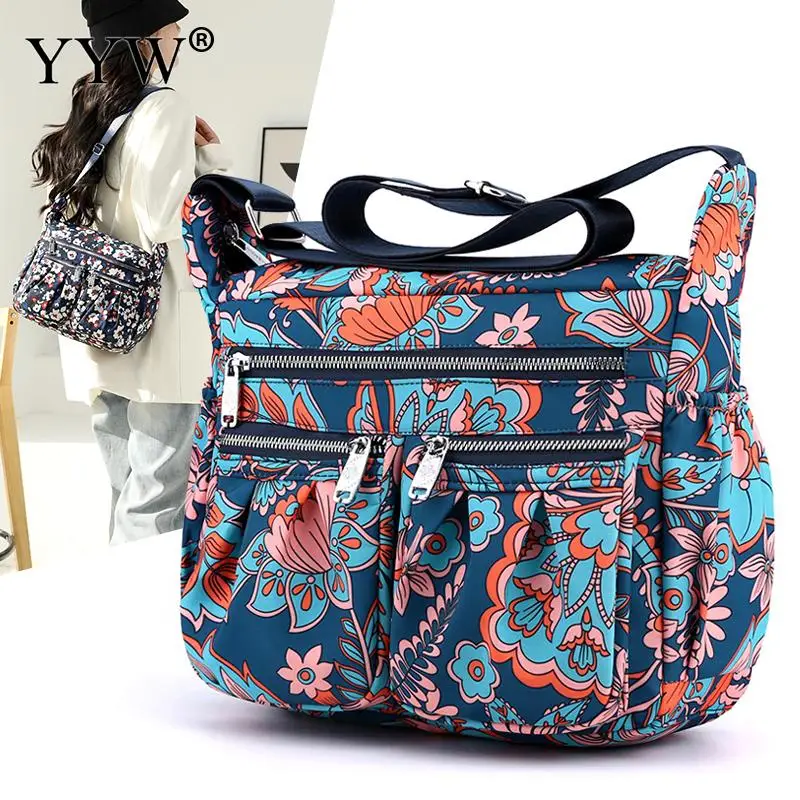 Bolsa de ombro de nylon para mulheres, grande capacidade, floral, pastoral, casual, impermeável, bolsa mensageiro para senhoras, bolsa mãe