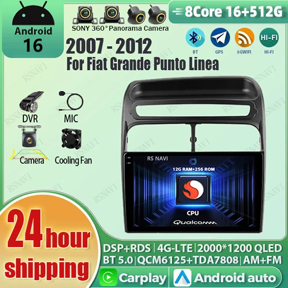 

Android 16 Carplay Auto Qualcomm 2K QLED Screen Car Radio Player For Fiat Grande Punto Linea 2007 - 2012 GPS Wifi 4G BT Stereo