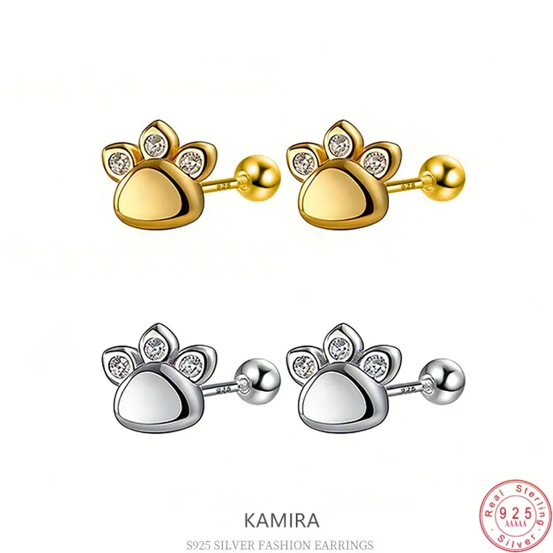 

KAMIRA 925 Sterling Silver Cat Paw Earrings Gold Plated Trendy Cute CZ Animal Jewelry for Women