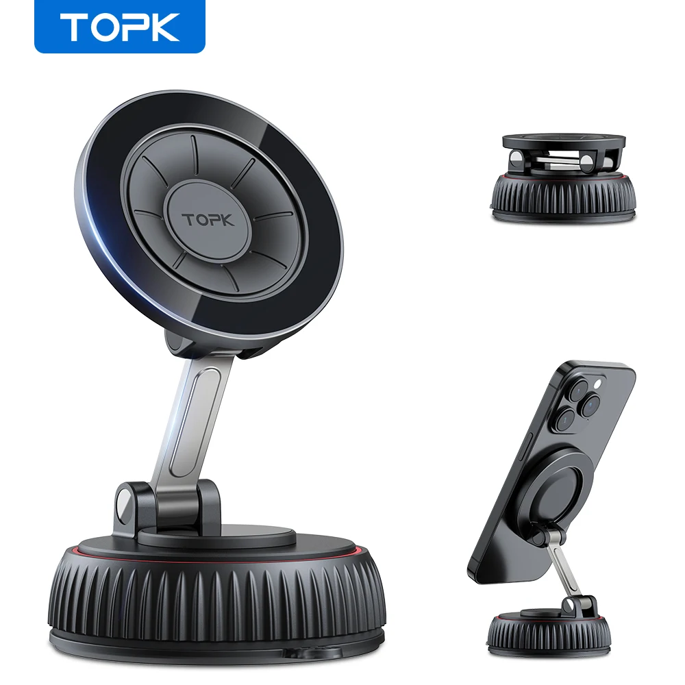TOPK faltbarer magnetischer Autohalter mit Saugnapf für Telefon, 360° °   Einstellbar FÜR Magsafe, ultrastabile multifunktionale Lazy Mount