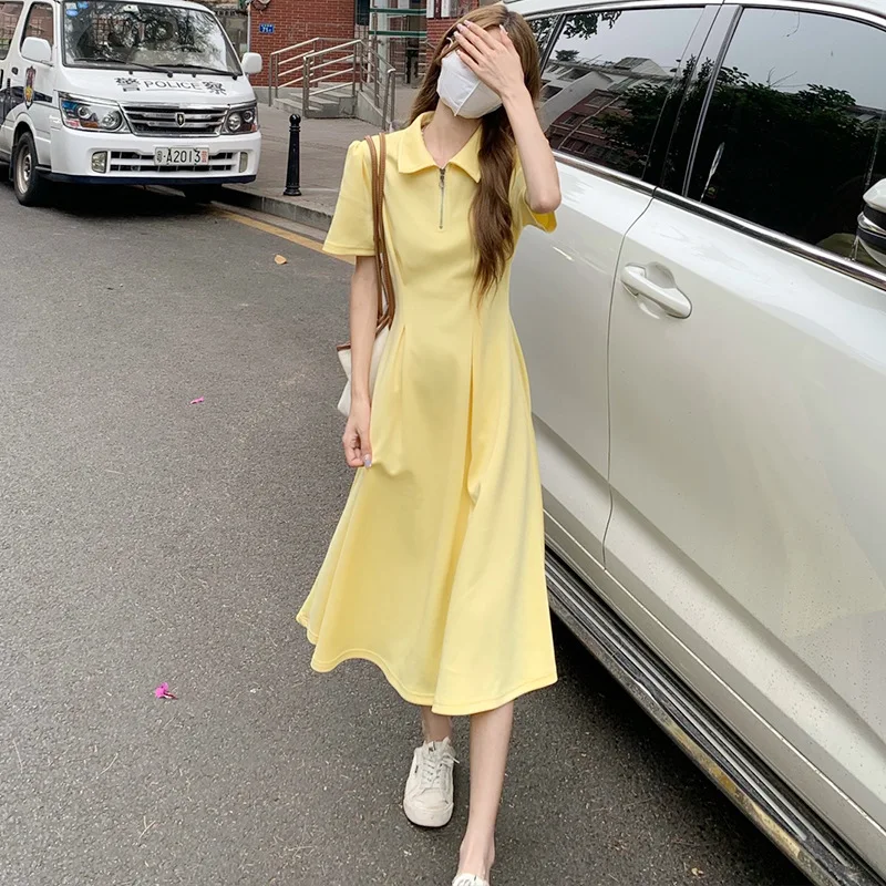 Women's Solid Lapel Zip Polo Dress New Waist Tie Slim A-Line Long Dress