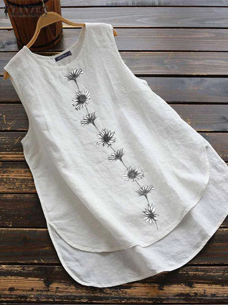 ZANZEA Summer Vintage Sleeveless Floral Printed Tanks Tops Women Casual O Neck Loose Cotton Blouse Female Holiday Beach Blusas