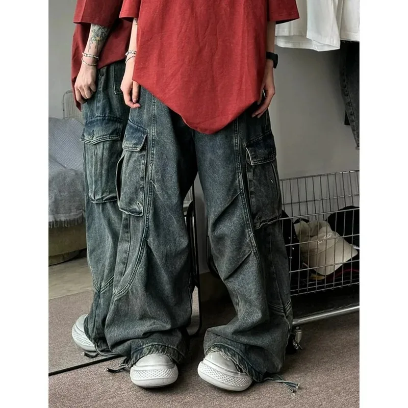 Damskie jeansy w stylu American Vintage, proste, z wysokim stanem, niebieskie, codzienne spodnie high street, luźne spodnie z szerokimi nogawkami, grunge, sprane spodnie dżinsowe.