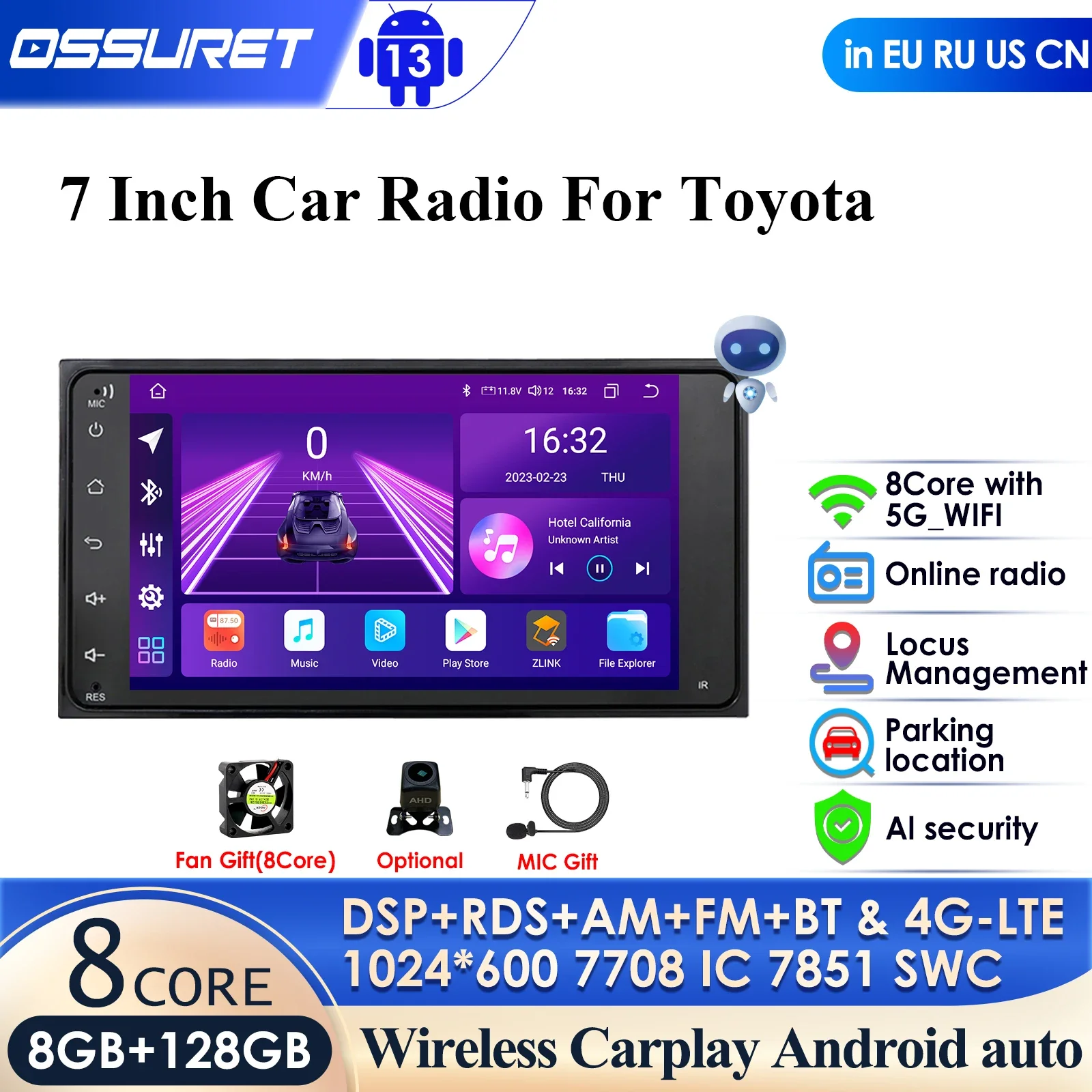 

4+64 DSP 2DIn Radio Stereo Car Android 12 Multimedia Player for Toyota Vios Crown Camry Hiace Corolla Rav4 Autoraido Carplay GPS