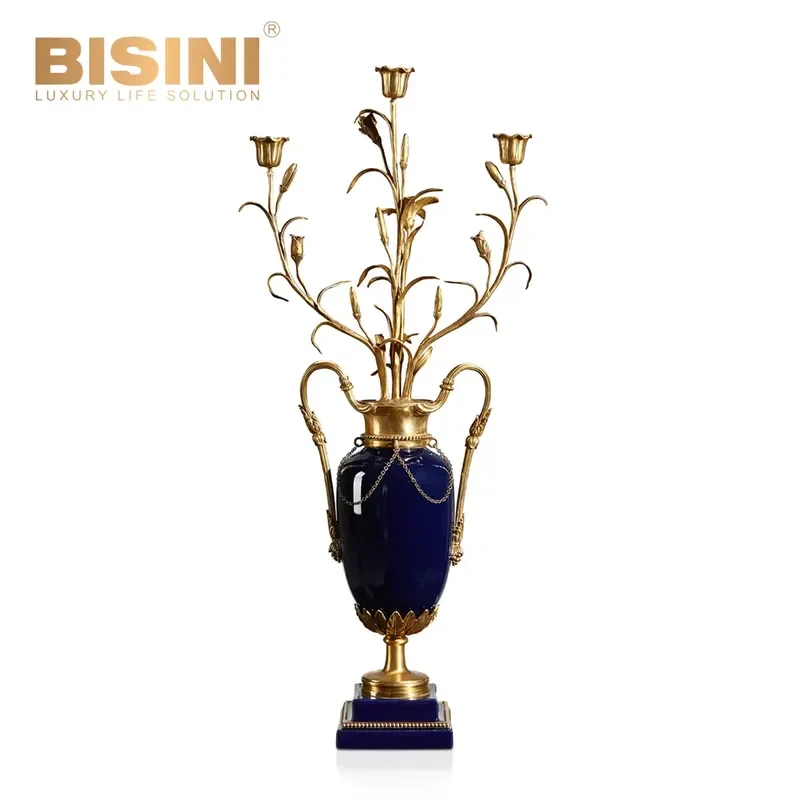 BISINI European Style Villa Gemstone Blue Porcelain and Copper Handmade Two-handled Vase Home Decor Tabletop Vase