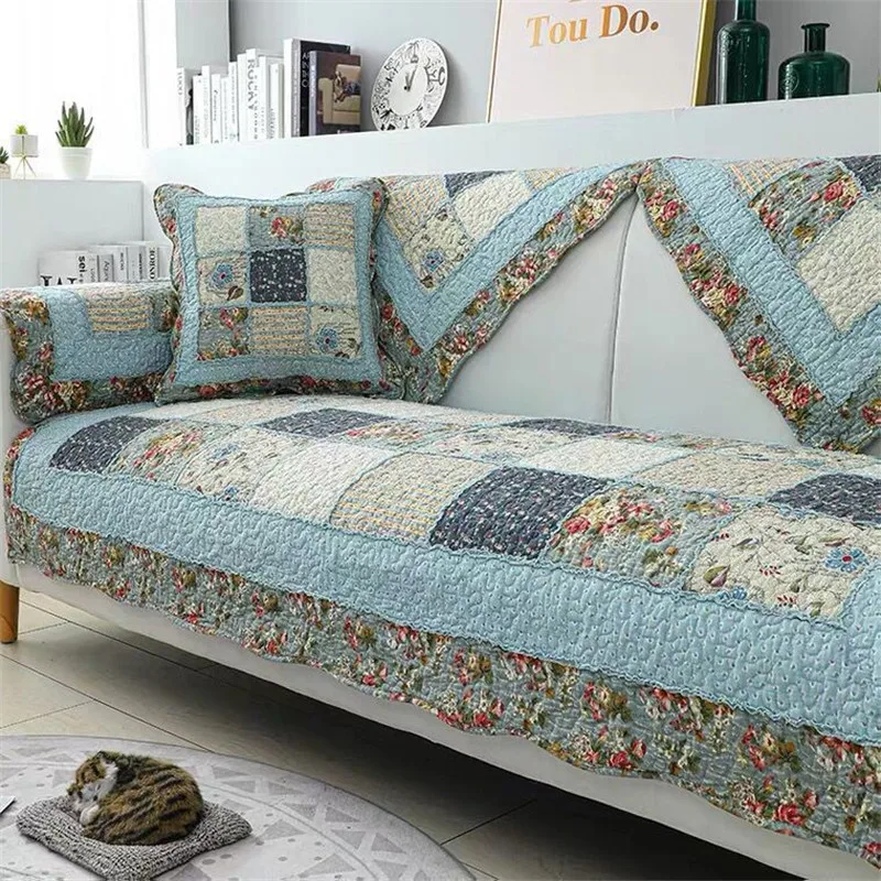 

Floral Pattern Quilted Sofa Cover Pad, Cotton Mat Cushion, Non-slip Patchwork, Sofa Armrest Back Towel, L-shaped Sofa Carpet Rug