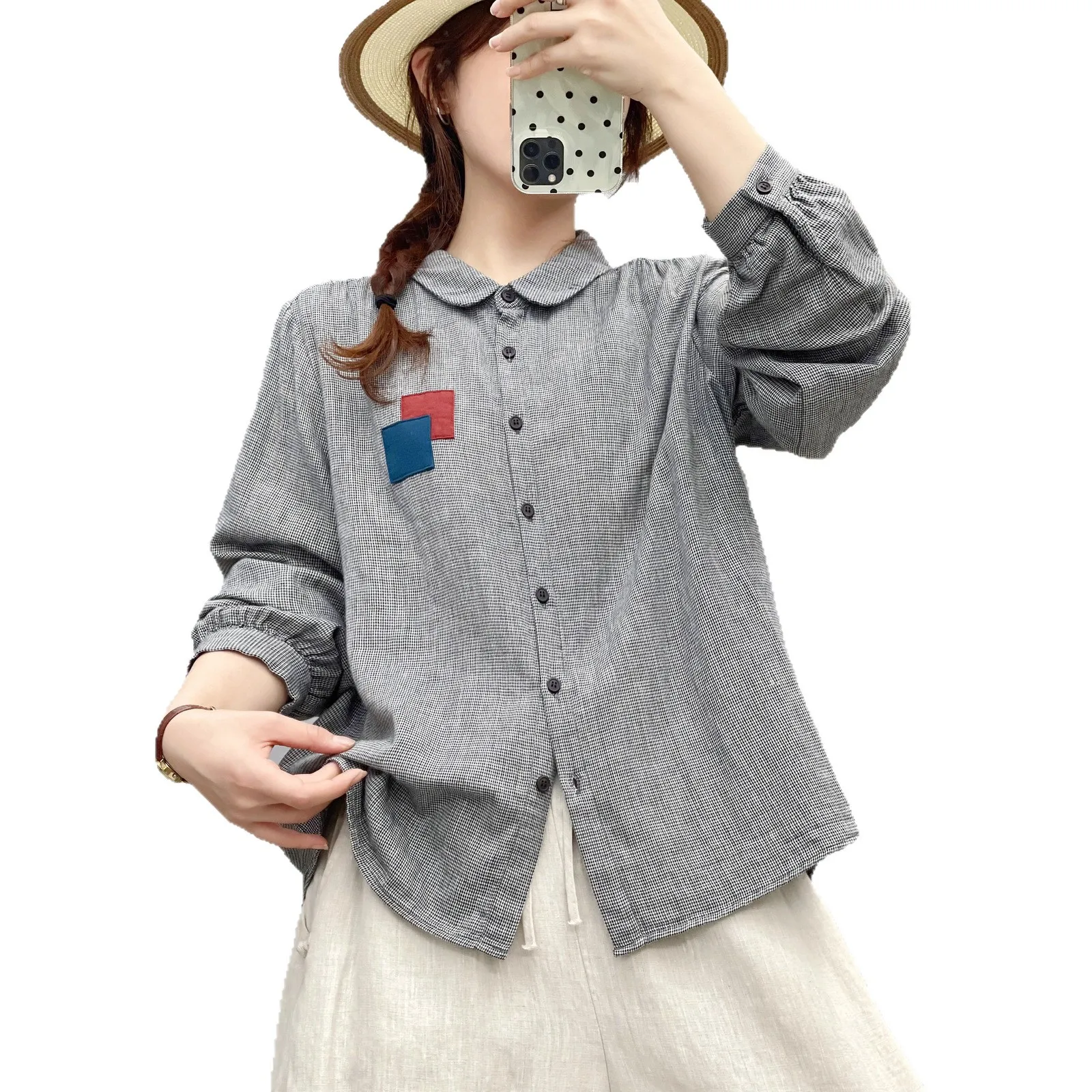 

[Готовый запас] Высококачественная женская блузка из 100% хлопка, рубашка, дизайнерская повседневная клетчатая блузка с длинным рукавом, узкие блузки, рубашки с лацканами