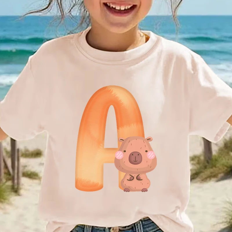 100% Cotton T-shirt for Girl Boy Capybara Letter A-Z Print T-Shirts Short Sleeve Fashion Tops 26 Alphabet Birthday Casual Top