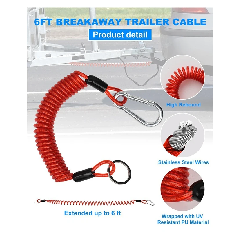 2PCS 6FT Breakaway Trailer Cable, Trailer Breakaway Safety Cable Spring Towing Coiled Wire For RV Trailer Campers