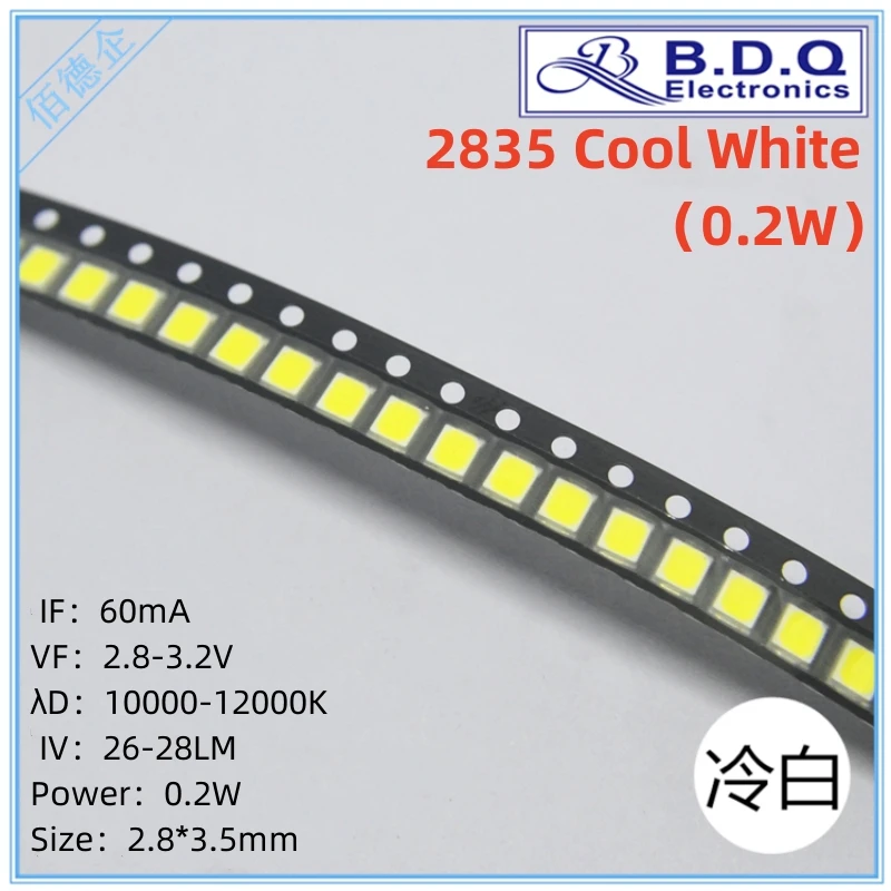 

100Pcs SMD LED 2835 0.2W Cool white 10000-12000K LED Lamp Beads Size 2835 Light-emitting Diode High Bright Quality