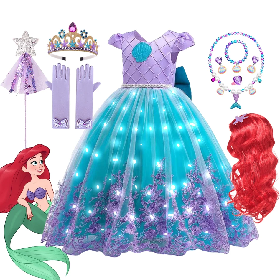 Disney Little Mermaid LED Light Up Dress Costume Girls Ariel Cosplay Birthday Princess Halloween Carnival Party Gown Kid Clothes