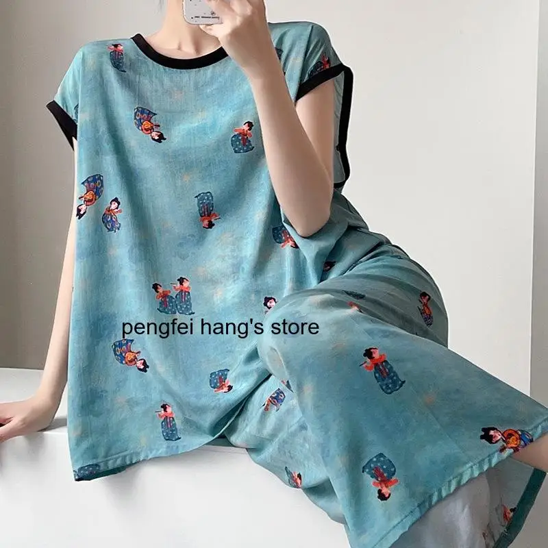 Women Wear Out Pajama Set Loose Wide Leg Long Pants Fashion Casual Loungewear Home Sleepwear Suit for Daily Wear