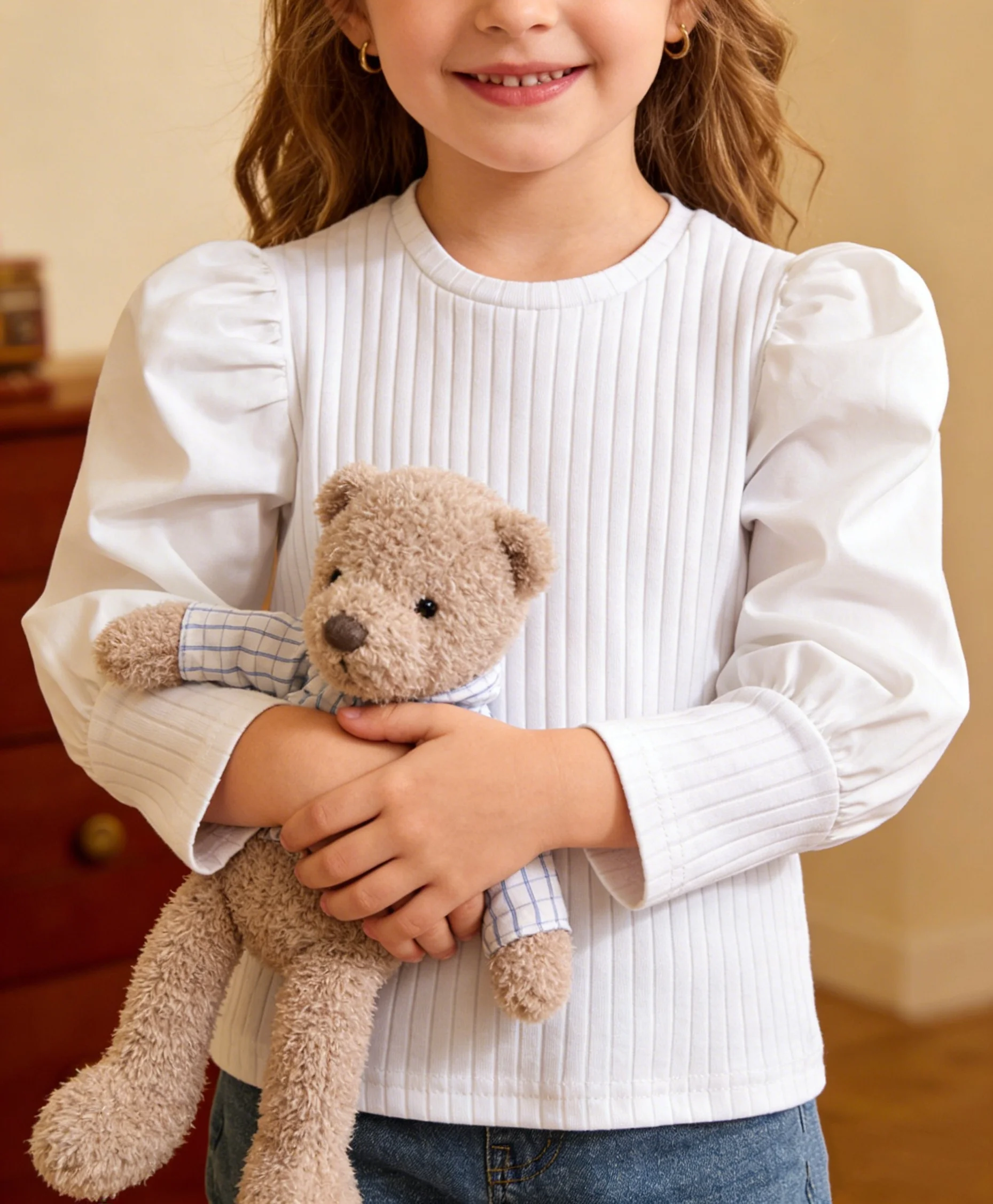 Spring Autumn New Style Girls White Puffy Sleeve Striped Top Children's Clothing Bubble Sleeve Shirt for Girls