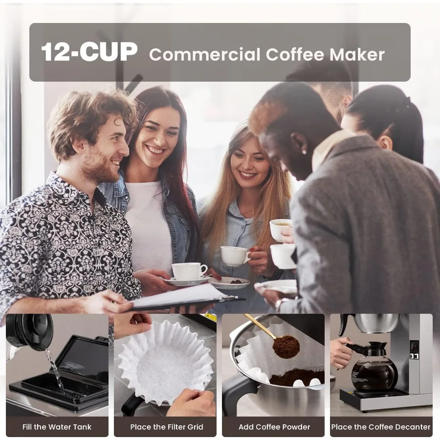 Cafetera de goteo comercial de 12 tazas con función de vertido sobre elaboración, jarra doble de vidrio y calentadores integrados para cafeterías de alto volumen