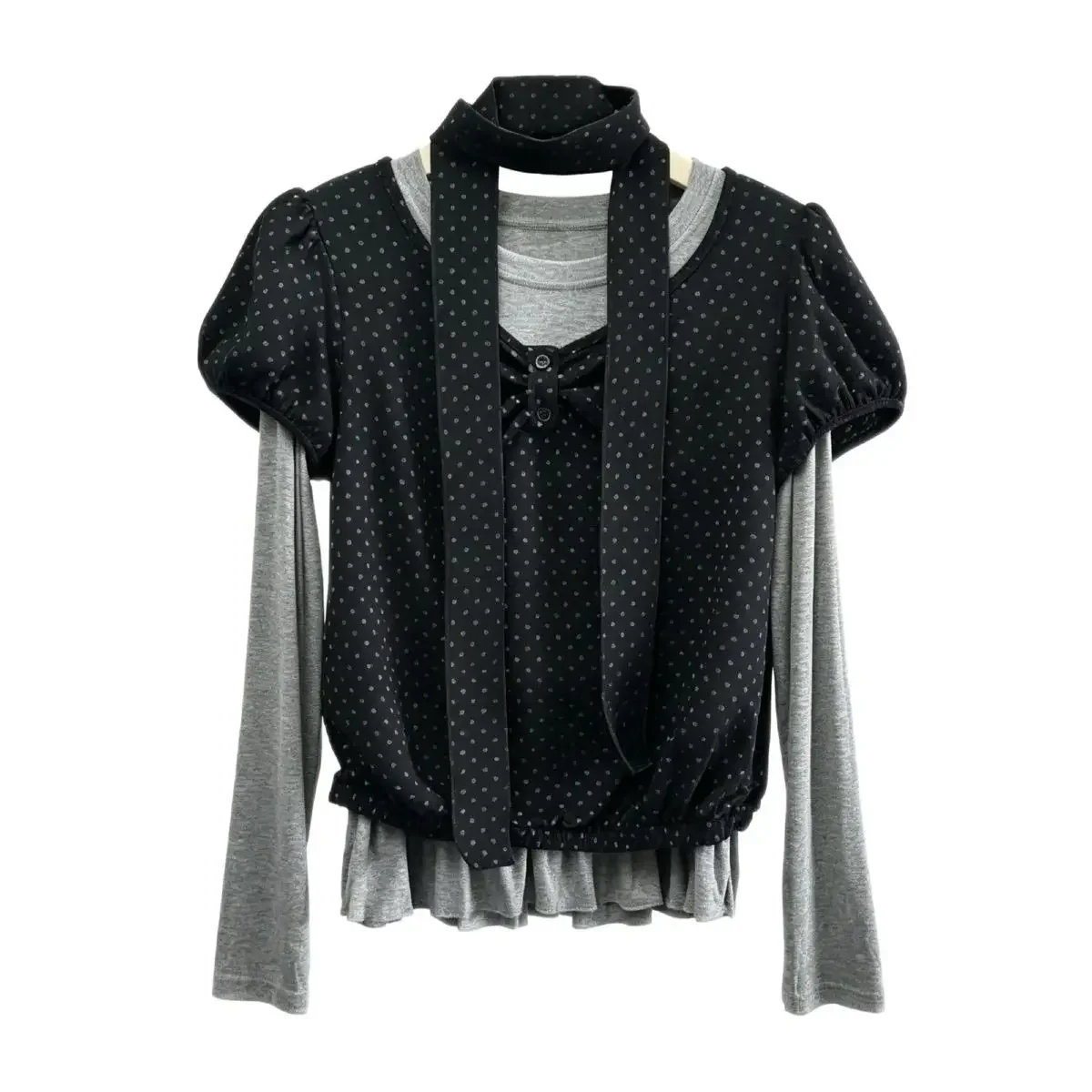 Korean Casual Fake Two Pieces Top Women Spliced Long Sleeve Pullover Y2K Streetwear Daily Slim Fit Two Piece Set Blouse Outfit