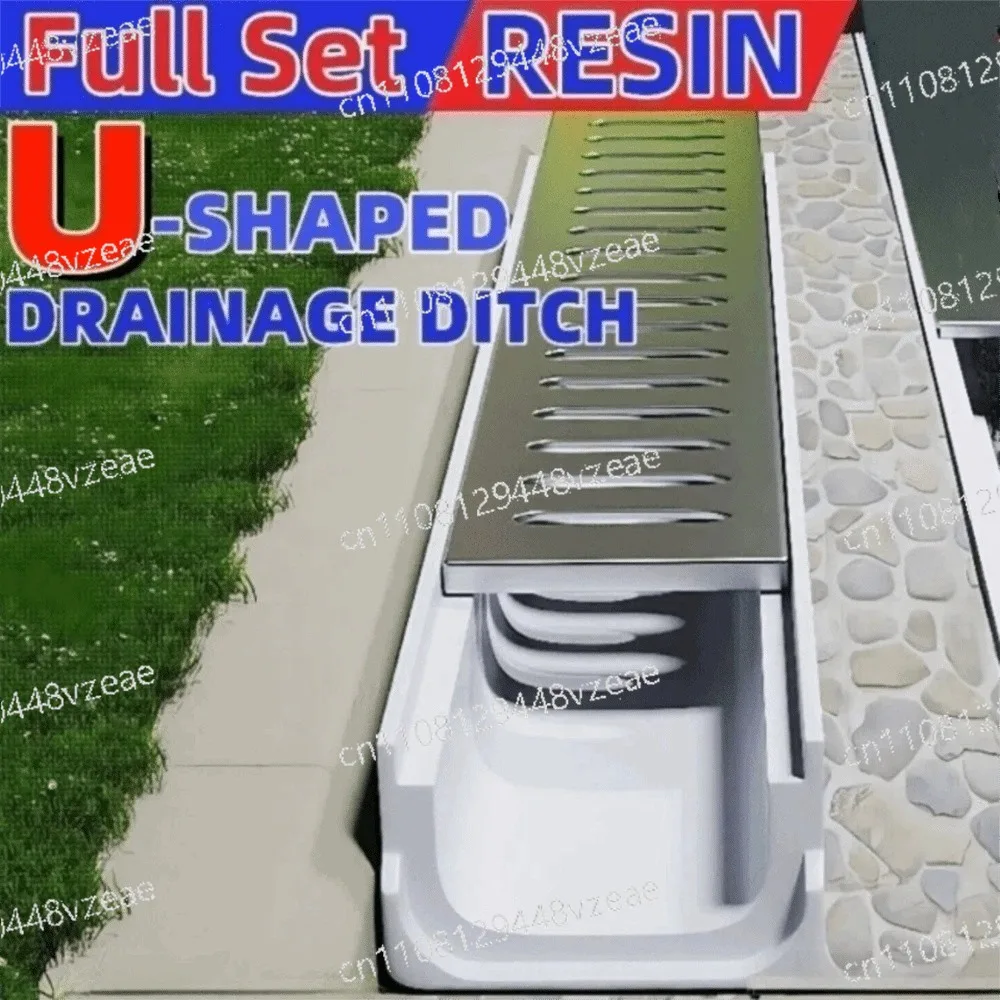 Ditch Single/Double Row Stainless Steel Cover Linear Drain Resin Drainage Gutter Heavy Duty U-shaped Groove Finished Drainage