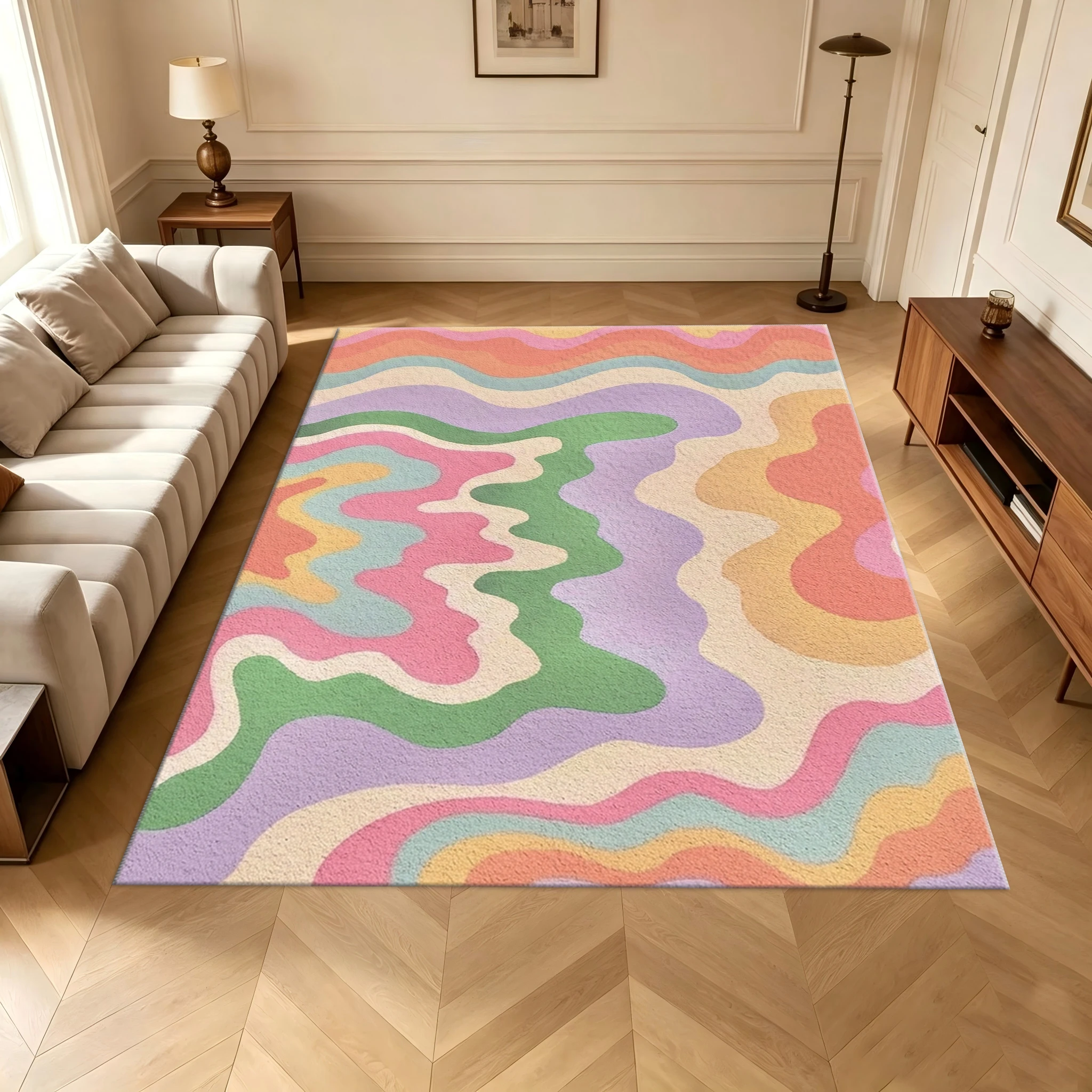 Pastel Color Wavy Abstract Area Rug Boho Multicolor Swirl Floor Mat for Bedroom Living Room Home Decor