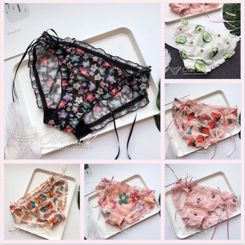 

Lovely mesh sweet print lace-up pure cotton thin section comfortable hip fruit strawberry bread pants low waist female panties