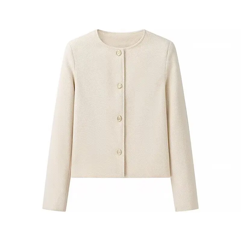 Spring and Autumn Women's Clothing Small Fragrance Style Solid Color Woolen Elegant Round Neck Jacket Jacket Top