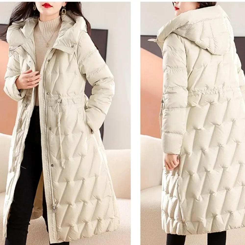 2024 Jacket Women Hooded Parkas Casual Long White Duck Down Jacket Winter Coat Female Drawstring Zipper Outerwears Slim Coats