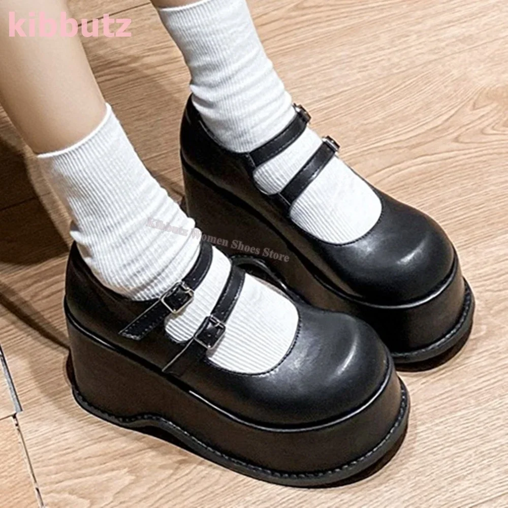 

Wedges Mary Jane Pumps Belt Buckle Round Toe Platform Genuine Leather Solid Color Fashion Comfortable Sexy Women Shoes Newest