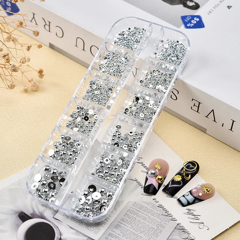12 شبكة مسطحة الذهب الفضة حبات اللؤلؤ مسمار السحر جولة الكافيار الكرة لمسمار الفن زينة ثلاثية الأبعاد مجوهرات أظافر الراين #5