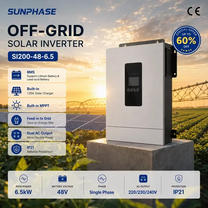 1.2KW 2.0KW 3.6KW 6.5KW 12KW Hybrid Pure Sine Wave off Grid Solar Inverters Single Output 48V Batteries for Agriculture