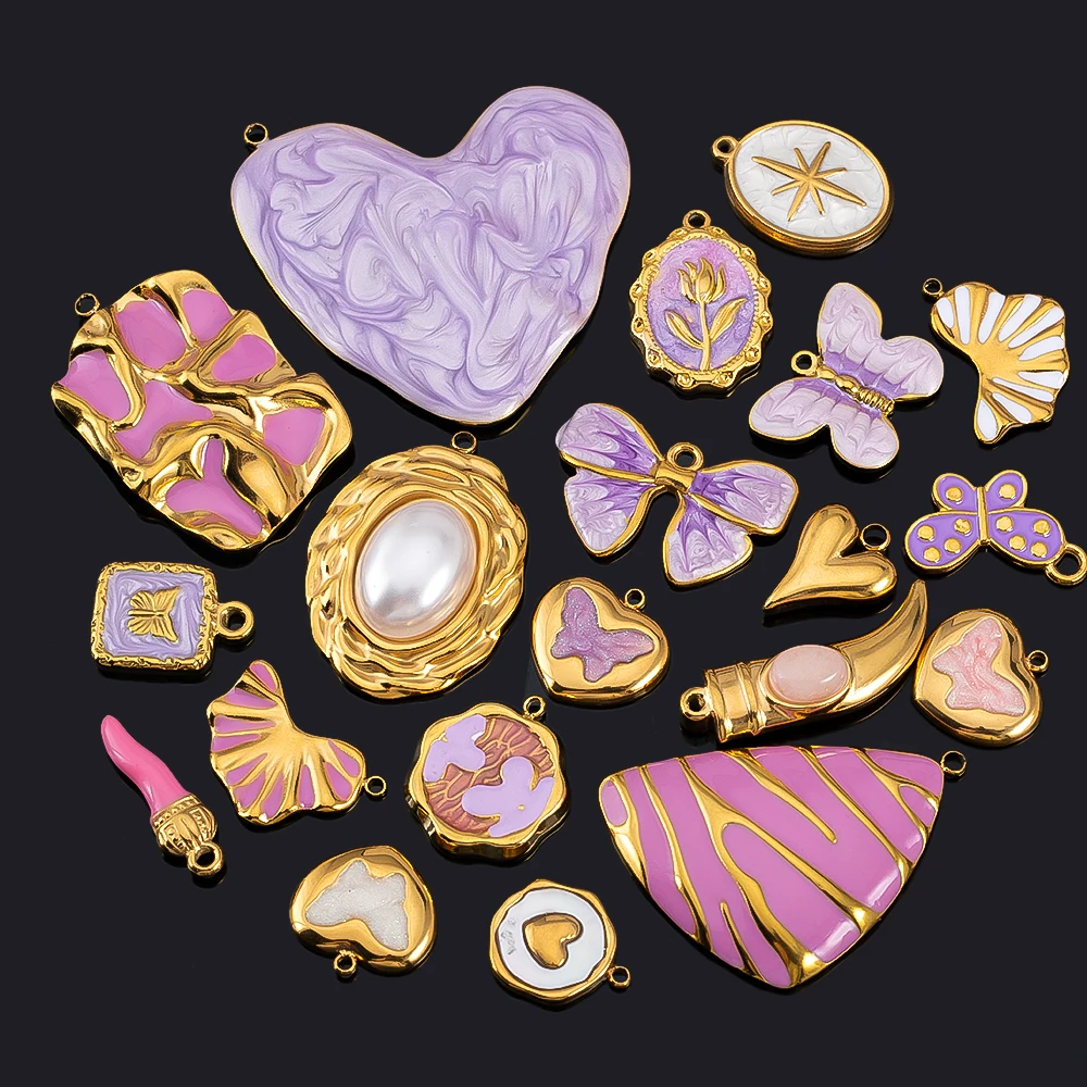 Stainless Steel Pendant Series Pink  Purple Cute Pendant Multiple Choice Earring Components DIY Necklace Jewelry Accessories