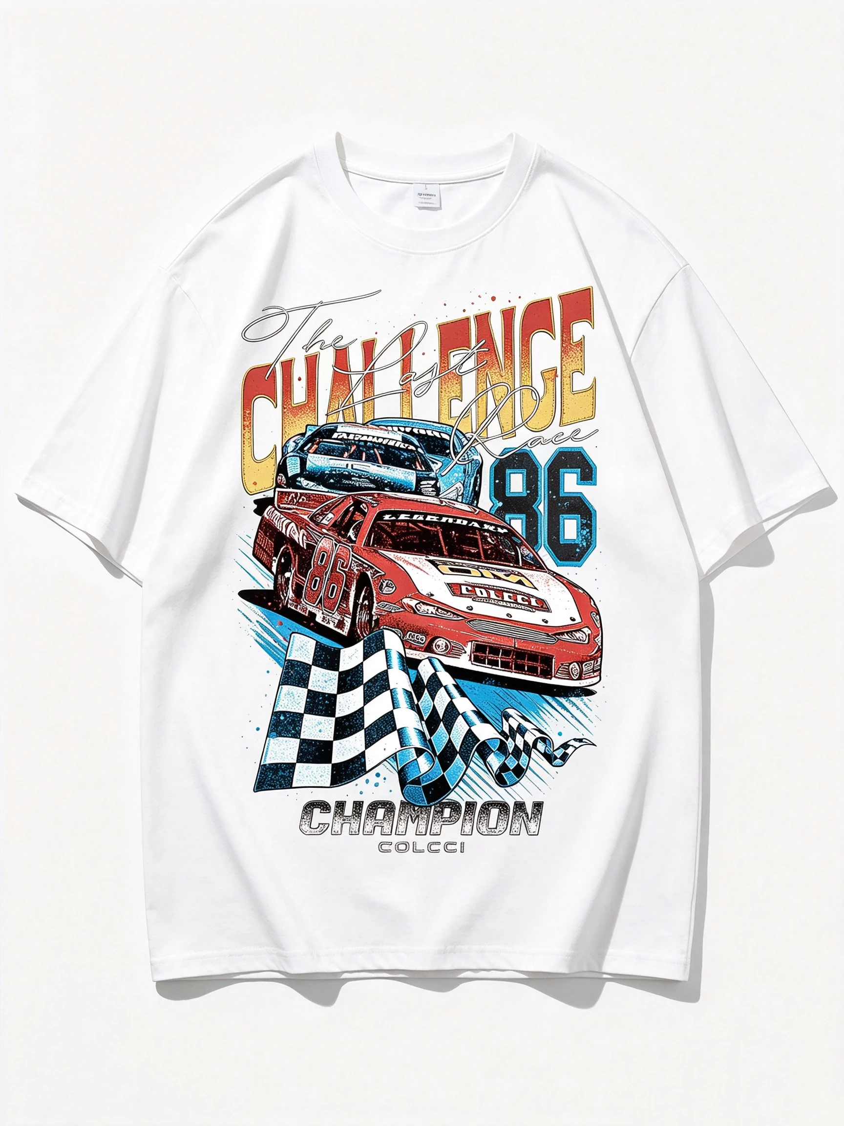 Unisex The Last Challenge Race 86 Racing Car Checkered Flag Graphic T Shirt Men Women Vintage Racer Champion Print Oversized Crew Neck Short Sleeve Casual Streetwear Cotton Top