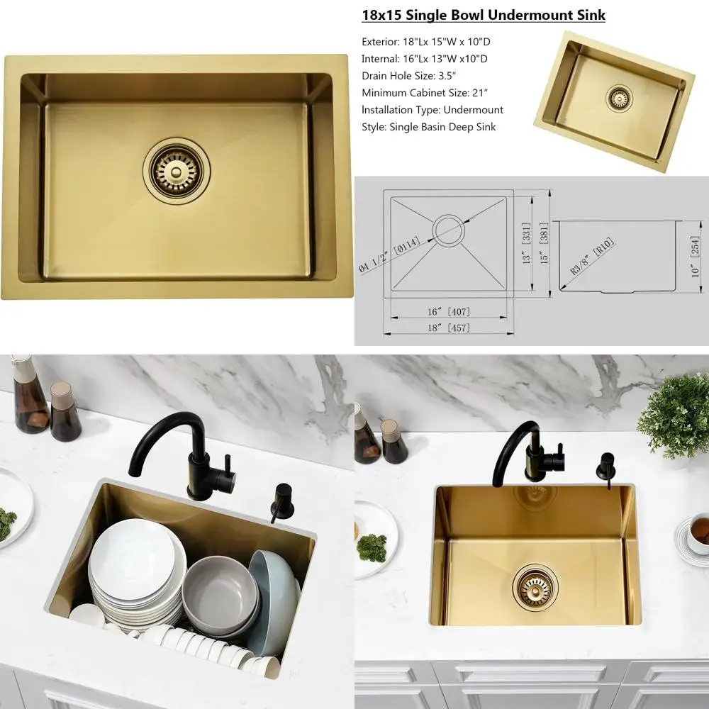 

Stainless Steel 18x15 Inch Undermount Single Bowl Kitchen Prep Sink RV Deep Basin Sink for Small Kitchens