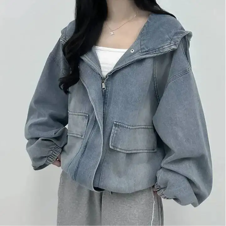 

Chic Autumn Winter Loose Fit Casual Retro Zipper Hooded Denim Women's Long Coat With Big Versatile