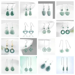 Burmese Jade Donut Hollow Droplet Flower Earrings Jewelry Dangler 925 Silver Blue Women Jadeite Fashion Natural Amulet Gemstone