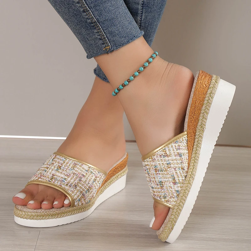 Rimocy 2023 New Fashion Striped Platform Slippers Women Summer Canvas Wedge Sandals Woman Plus Size Non Slip Casual Slippers