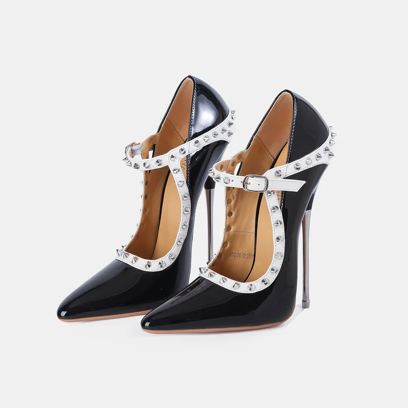 16cm Super High Heels Rivets Decoration BIG 2 SIZE Womens Pumps Lron Heel Model Photo Special Extremes High Heeled Shoes Fun