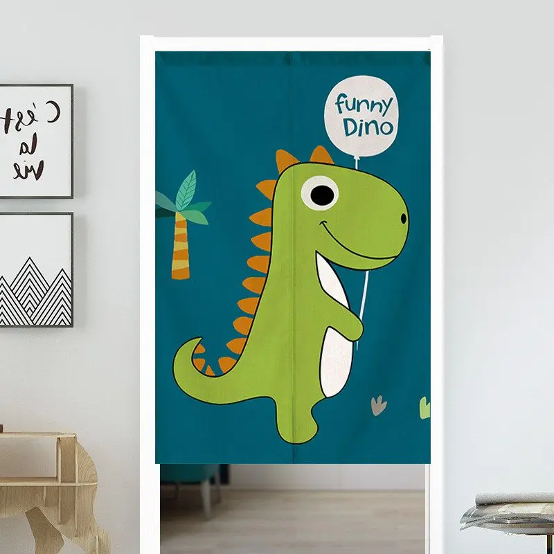 VIKAMA Cartoon Teal Dinosaur Balloon Door Curtain Green Background Funny Reptile Text Palm Tree Cute Kawaii Kids Linen Noren