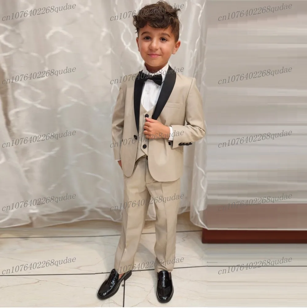 Black Collar Beige Boy's Suit Formal Kids Tuxedo Toddler Children Clothes Boys Attire 3 Piece Jacket Vest Pants 2-13 Years