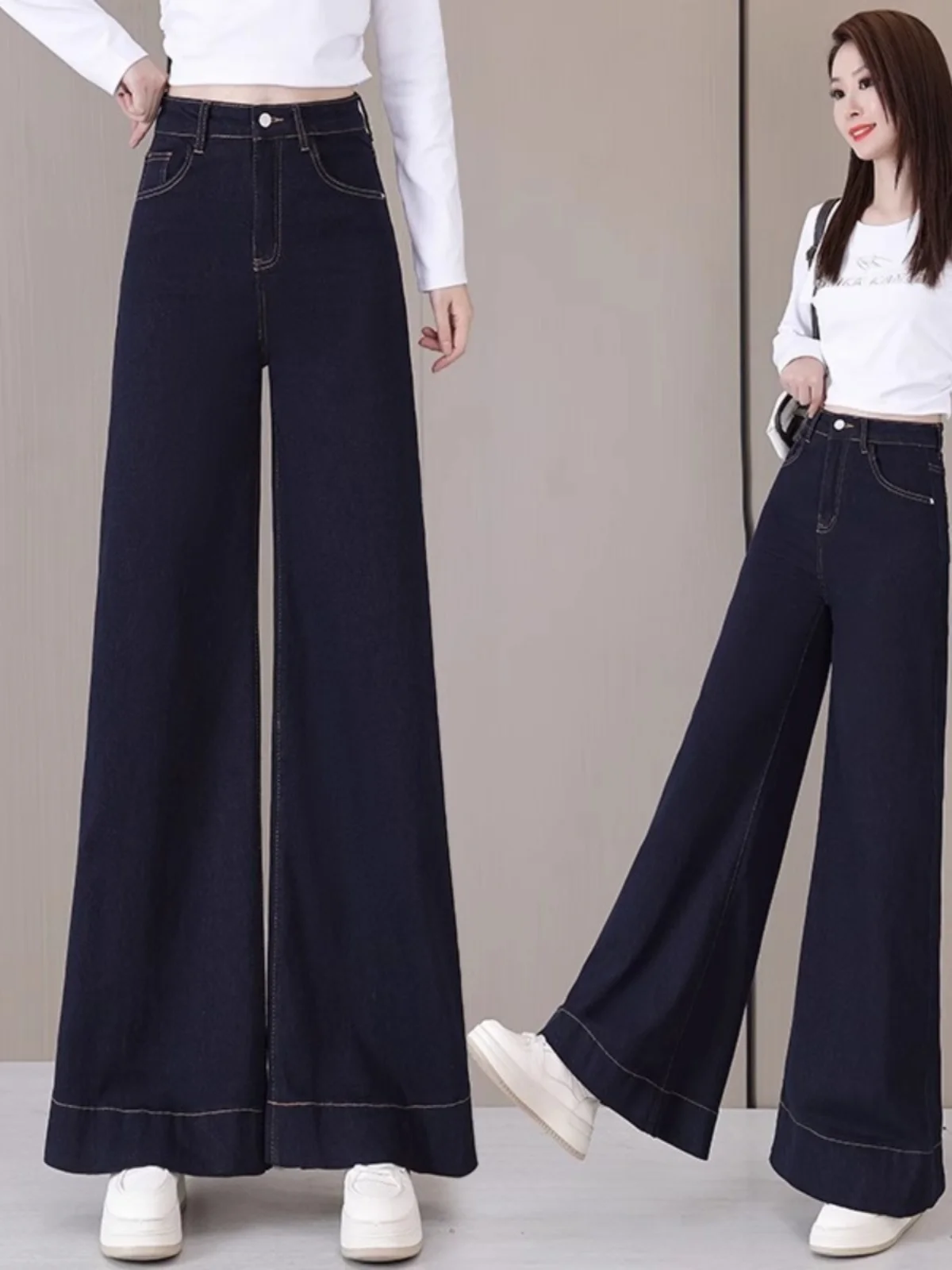 

Модные широкие расклешенные джинсы, женские весенне-осенние новые прямые свободные узкие брюки трапециевидной формы длиной до пола, джинсы с высокой талией